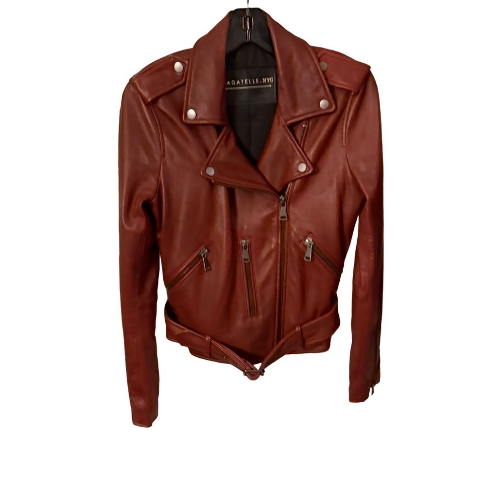 BAGATELLE NYC Women’s Leather Biker MOTO Jacket, Brown/ Rust Sz S EUC